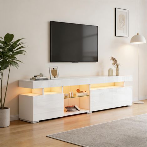 Meuble TV 180 cm Blanc Laqué Brillant 3 Portes Étagères Verre Réglable 80 pouces 180x35x45 cm