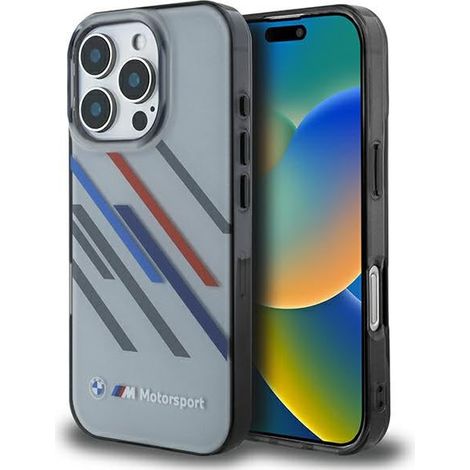 Coque rigide grise à rayures aléatoires BMW Motorsport IML pour iPhone 16 Pro 6,3" (BMW BMHCP16L23HTRAG)