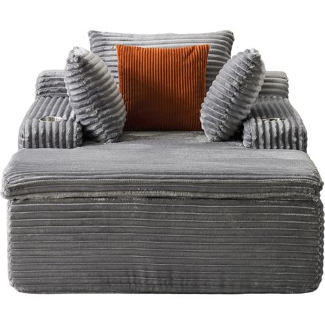 Méridienne Convertible en Velours Côtelé, Coussins et Porte-gobelets, Mousse Haute Densité, Gris (1/5)