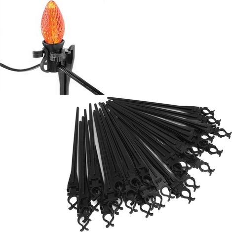 Estacas de jardín para guirnaldas de luces C7/C9 – Paquete de 50 estacas universales de 23 cm de largo, de color negro – Material plástico resistente (1/5)