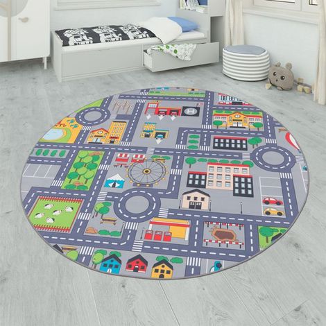 Paco Home Tapis De Jeu Tapis Pour Enfants Chambre D'Enfant Motifs Rues, Gris Gris 160 cm rond (1/4)