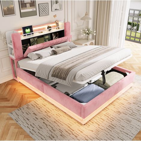 MODFU – Letto contenitore 160x200 cm in velluto con LED, USB, sollevamento idraulico, struttura metallica e 24 doghe – Rosa (1/5)