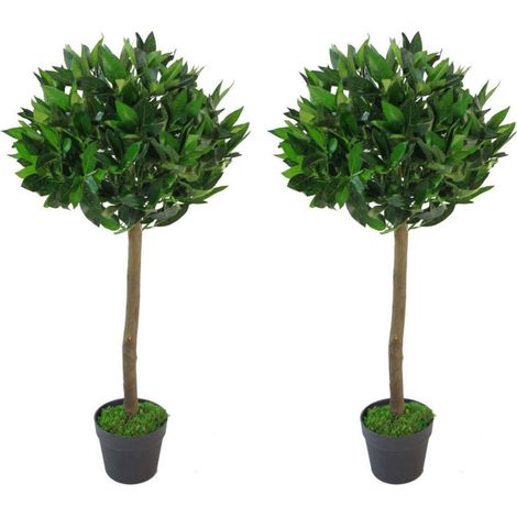 90cm Leaf Design UK Pair of Artificial Bay Topiary Ball Trees