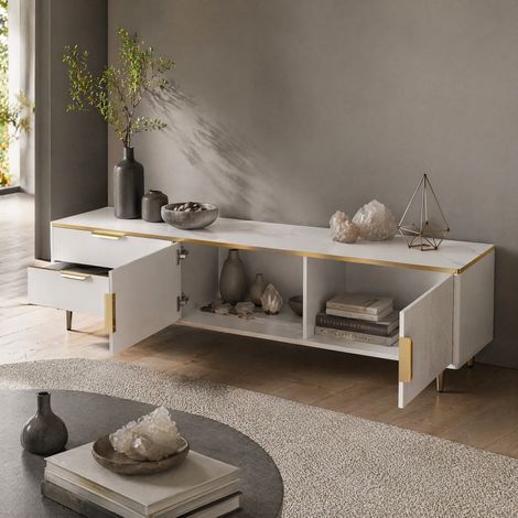 Mueble TV 170x37x45 cm de MDF y paneles de madera blanco y dorado con almacenaje FloraGrace (1/5)