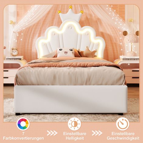 Lit princesse couronne 90x200 cm sans matelas, avec bande lumineuse LED, mécanisme hydraulique, tête ajustable, blanc PU (1/4)
