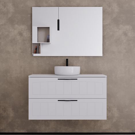 Meuble de salle de bain 100cm avec plateau et vasque à poser ronde - 2 tiroirs - blanc - PIA (1/5)
