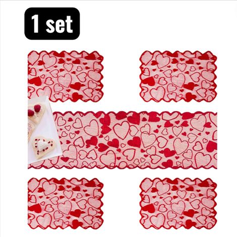 1 set nappe 180 cm ensemble chemin de table en dentelle cœur saint valentin décoration de table rouge romantique pour mariage et fête inclus dessous de plat housse pour bouteille de vin couleur rouge (1/5)