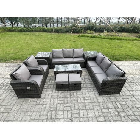 Fimous Polyrattan Sofa Set 10-Sitzer Terrassen Gartenmöbelset mit 2 Liegestühle Couchtisch 2 Beistelltischen 2 kleine Fußhockern Dunkelgrau Gemischt (1/5)