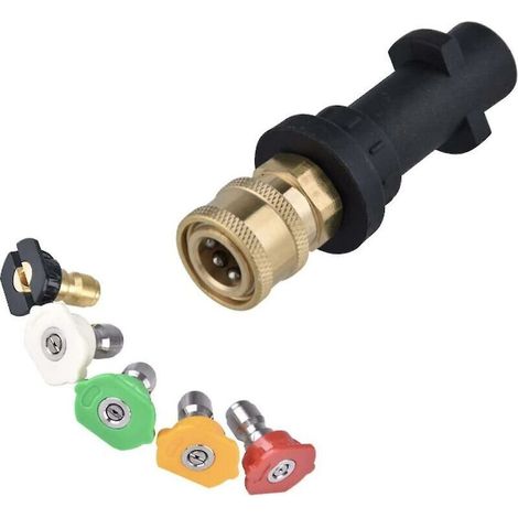 Hochdruckreiniger-Adapter für Kärcher K2, K3, K4, K5, K6 und K7 Pistolen. 1/4"-Schnellanschluss (Innengewinde). Mit 5 Mehrwinkel-Powerdüsen.