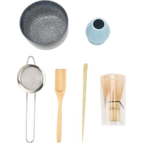Traditionelles Matcha-Zeremonie-Set aus blauer Keramik – Schneebesen, Löffel und Schale für die schonende Zubereitung von Tee. (1/5)