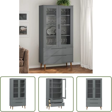 The Living Store Armoire à vitrine MOLDE Gris 90x35x175 cm Bois de pin massif - Bibliothèque - Meuble Tv - Armoire Ouverte - Rangement Intérieur - Mobilier Scandinave (1/5)