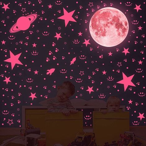 Stickers Muraux Enfants Stikers Murals Lune étoiles,Autocollants muraux phosphorescents Lumineux pour Chambres d'enfants, Chambres de Bébés ou des Fêtes (Rose) 1788Pièces (1/5)