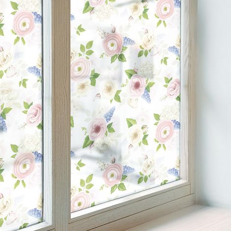 Fensterfolie mit Motiv 200x116 cm Sichtschutz Fenster Selbstklebend PVC Milchglas Dekorativ Dekorfolie Blickdicht Folie für Badezimmer Blumenmuster