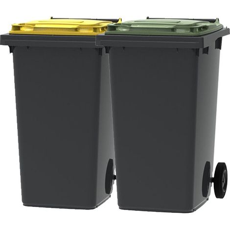 ESE France Lot de 2 Conteneurs Poubelles à déchets 2 roues - 240L - 100% Recyclé - Gris avec Couvercle Jaune et Vert - Fabriqué en France (1/5)