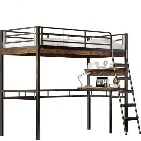 Letto a soppalco 90x200 cm con scrivania, ripiani, sponda di sicurezza e scala, struttura in metallo nero, senza materasso, salvaspazio per camera - CHICFURN (1/5)