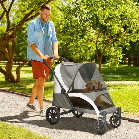 Poussette pour chien pliable, buggy pour grands chiens et chats jusqu'à 30 kg, chariot pour chat avec coussin, fenêtres en filet, portes, sac de rangement, laisse de sécurité, freins, gris foncé. (1/5)