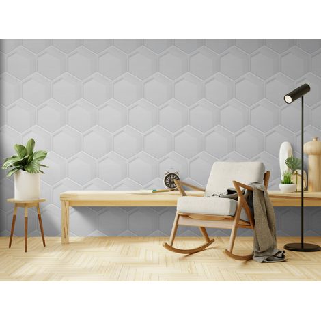 Papier Peint Géométrique - Hexagones Blancs Modernes - 150 x 250 cm (1/2)