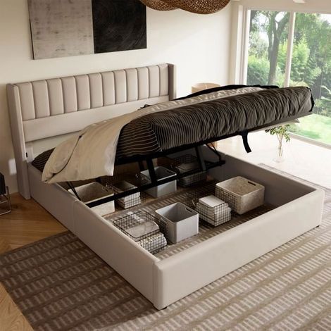 Cama lit 160x200 cm - Beige - Tela de lino - Somier de lamas - 2 plazas (1/5)