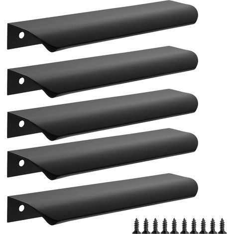 Poignées d’armoires de cuisine – 200 mm Poignées à doigts pour armoires et tiroirs, poignées modernes d’armoire en aluminium, noir mat, lot de 5
