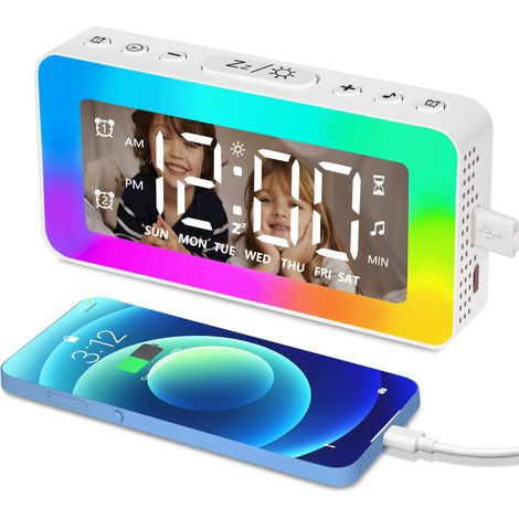 Réveil enfant pour chambre, horloge numérique lumineuse avec veilleuse 8 LED, double alarme, port USB, mode semaine/week-end, bruit blanc sommeil, gradation, pour gros dormeurs (1/5)