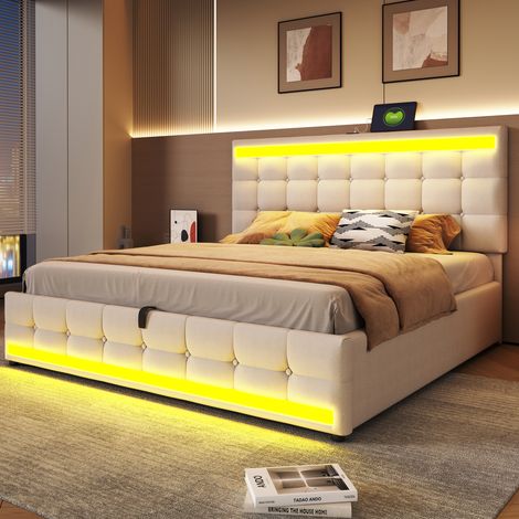 DESVIAE Lit capitonné LED RGB beige 180 x 200 cm avec tête de lit réglable et deux ports USB pour chambre moderne (1/5)