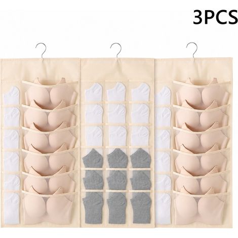 3 Pièces Sac Rangement Suspendu Double Face 78 x 46 cm Toile Beige Blanc 30 Poches (1/5)