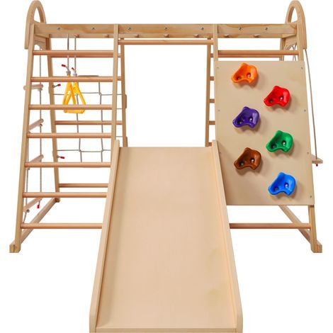 7-en-1 Structure d'escalade multifonction en bois massif, contreplaqué et hêtre. Balançoire, échelle, toboggan, filet, prises en plastique et anneaux. Utilisable comme tente maison.
