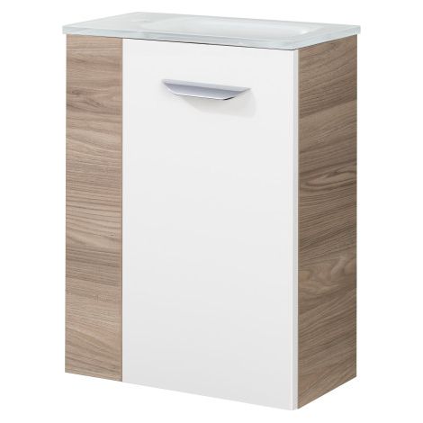 Fackelmann LUXOR SBC Gäste-WC Set 2 Teile – Waschtischunterschrank in Weiß mit Holz Braun mit Waschbecken aus Glas in Weiß  – Waschbeckenunterschrank schmal – Türanschlag rechts – 45 cm breit"-"900751 (1/5)