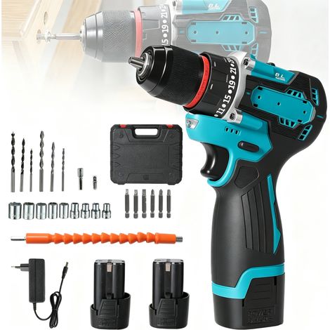 Perceuse électrique, Perceuse visseuse sans fil, ensemble de perceuses à batterie, 2 piles, Couple réglable 25+1 positions (1/5)