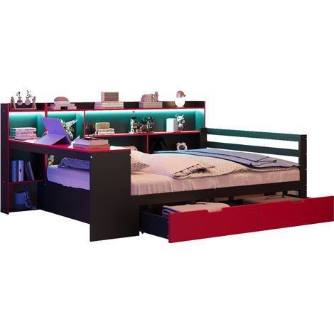 Letto Divano 140 x 200 cm in Legno con 2 Cassetti, Scaffali, Scrivania, Presa e LED Regolabile, senza Materasso, Nero e Rosso (1/5)