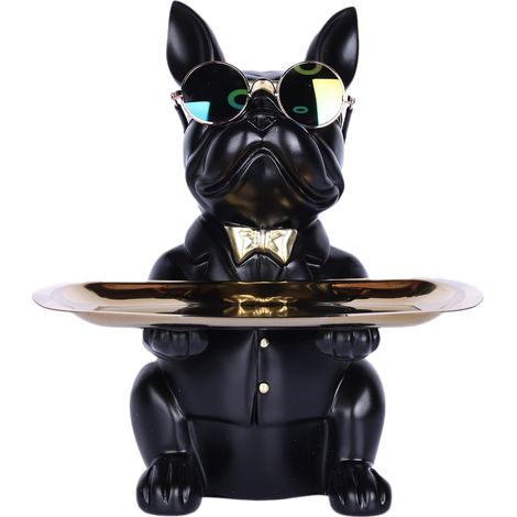 suruim Bouledogue Statue Chien avec Plateau Décoratif - Plateau de Rangement en Résine pour Clés, Friandises et Décoration, Decoration Maison Moderne Deco Interieur Maison (Noir) (1/5)