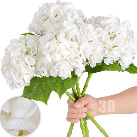 Hortensias blanches artificielles Nubry, 57 cm, lot de 4 tiges en latex réaliste avec feuillage vert, idéales pour décoration maison, bureau, centre de table mariage, fleurs fausses élégantes. (1/5)