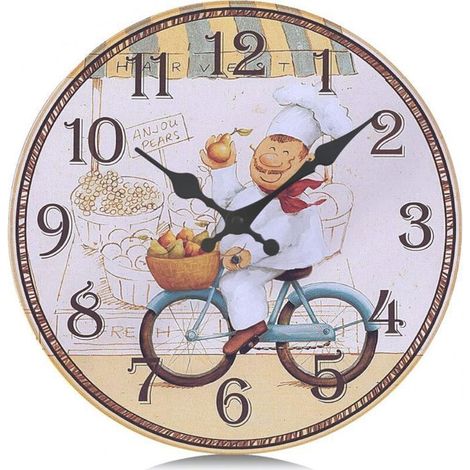 Horloge Murale Cuisine Bois Jaune Silencieuse 30cm Pendule Murale Quartz Rustique avec Le Modèle de Chef pour Salle a Manger YYV (1/4)