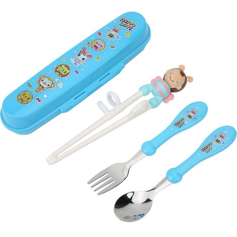 Lot bleu : Kit de couverts pour enfants - Cuillère, fourchette et baguettes d'apprentissage pour bébé (Bee) (1/5)