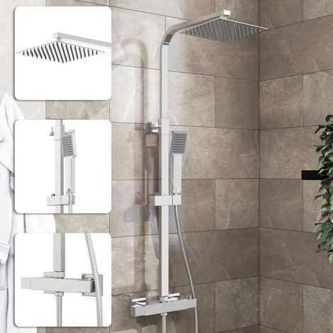 Acezanble Bathroom Thermostatic Mixer Shower Square Chrome With Dual Head Rainfall Head Handset