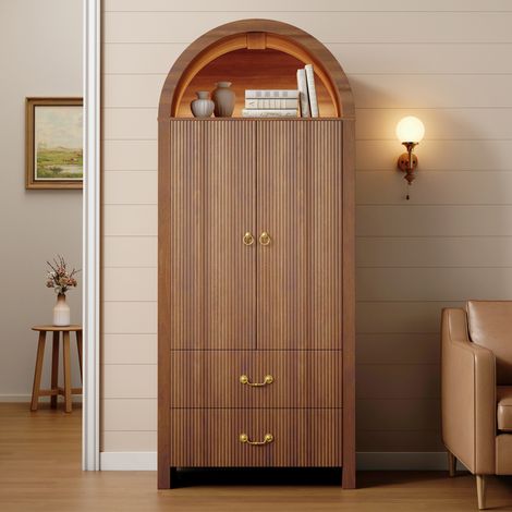 Credenza alta moderna ad arco mobile contenitore 76x38x180cm con luci led intelligenti app 2 ante scanalate e 2 cassetti stile vintage noce (1/5)