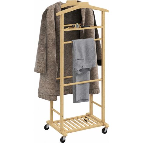 Portant à vêtements à roulettes double tringle bambou étagère à chaussures plateau de rangement support pantalons