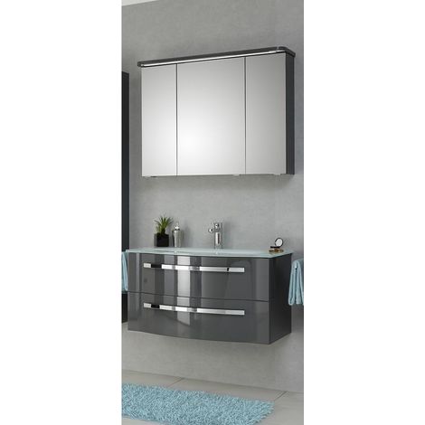Badmöbel Waschplatz FES-4005-66 mit Waschtisch & Spiegelschrank, Hochglanz Lack Quarzgrau - B/H/T: 92/200/49,1cm (1/5)