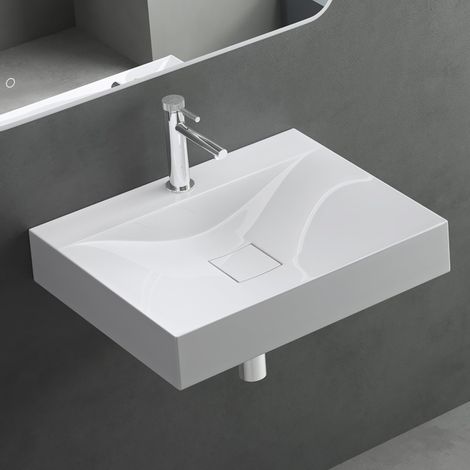 Mai & Mai Lavabo Suspendu Blanc 60x48x10cm Vasque à Poser Rectangulaire avec Perçage pour Robinet et Cache Bonde Col810-600