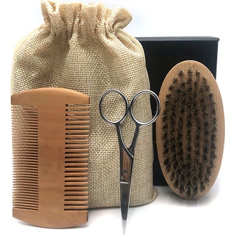 Brosse et peigne à barbe Hair Dough, ensemble de ciseaux pour hommes, comprenant une brosse en poils de sanglier doux, un peigne à dents larges en bambou et des ciseaux à moustache. Lissez et adouciss (1/4)