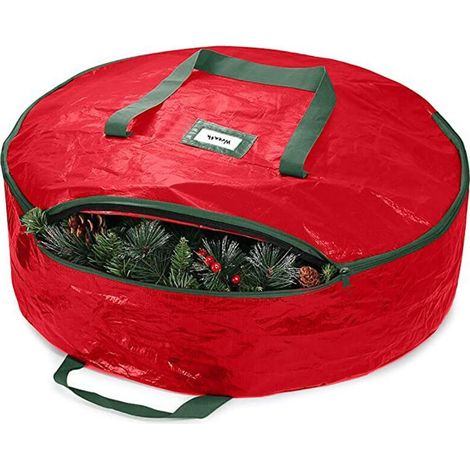 Sac de Rangement pour Couronne de Noël Conteneur de Guirlande de Vacances PE Portable avec Poignée Fermeture à Glissière en Métal-Rouge 76x20cm (1/4)