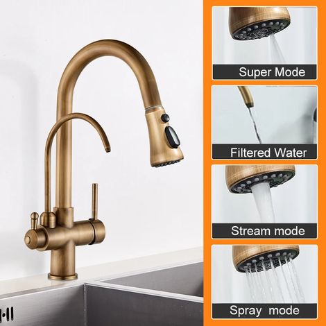 (Laiton antique B) Robinet de cuisine noir mat à eau pure, double poignée, mitigeur extractible pour eau chaude et froide (1/5)