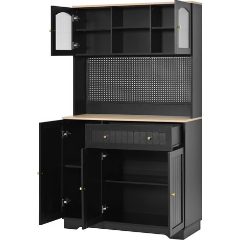Armario de cocina con vitrina, panel perforado y estantes ajustables, negro, 103,5 x 40 x 180 cm (1/5)