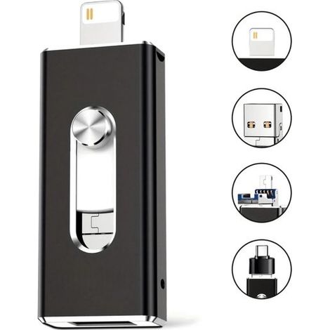 Clé USB 4-en-1 128 Go, clé USB 3.0 avec ports multiples, extension de stockage pour iPhone 16/15/14, iPad, Android et PC, clé USB noire (1/5)