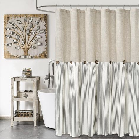 Rideau de douche en lin et coton Style maison de campagne Rayures crème et gris Boutons, tissu tissé plissé 180 x 180 cm (1/5)