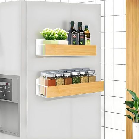 Etagere Magnetique Frigo Blanche, Lot de 2 Étagère Aimantée Frigo Bois, Porte Epice Magnetique Support Range Épices Aimanté Bambou pour Rangement et Organisation de la Cuisine, Blanc (1/4)