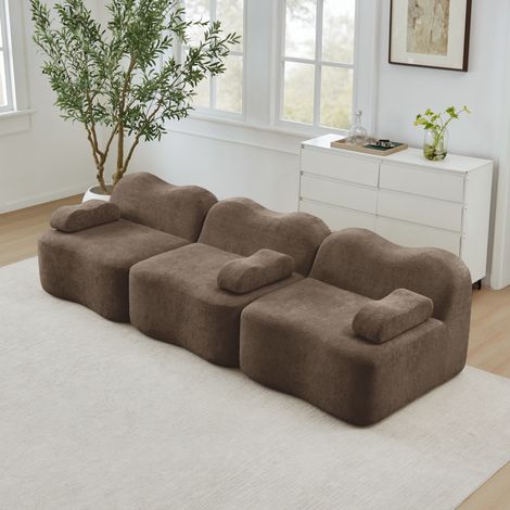 Canapé trois personnes sans cadre modulaire, mousse 32D haute densité forme ondulée assise profonde couleur marron (1/4)