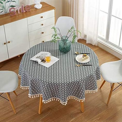 Nappe ronde en coton et lin uni, à franges (1/3)