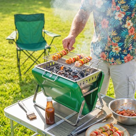 Barbecue au charbon bois pliable. barbecue portable. poignée et pieds repliables. pour jardin. terrasse. camping. vert (1/5)