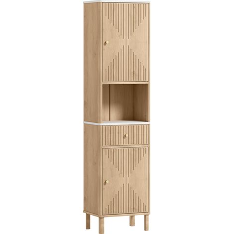 Mobile a Colonna Bagno 41,5x30x168 cm con Ripiano Effetto Marmo e Ante Decorate in MDF Rovere